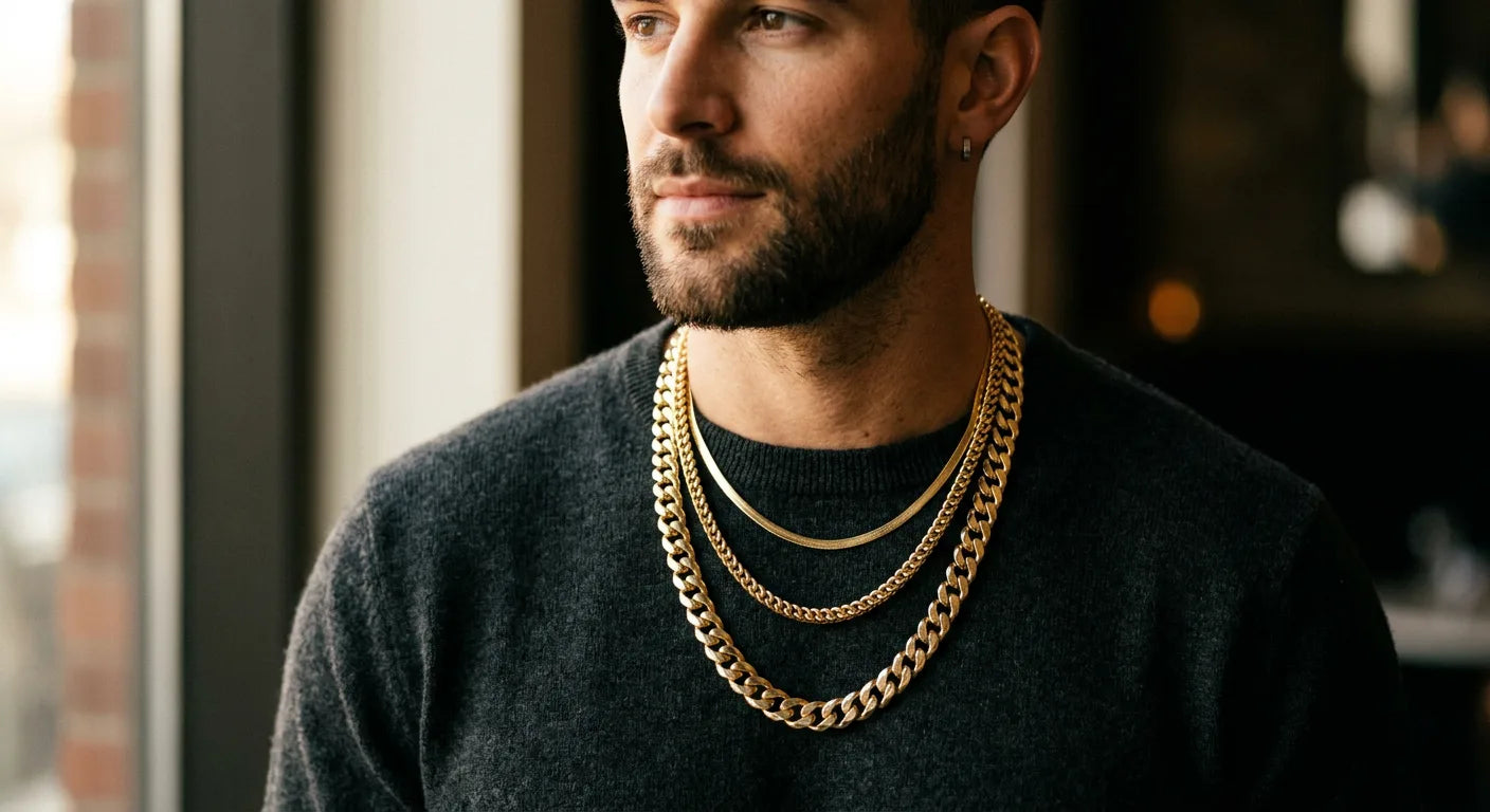 2026 gold chain layering trend with herringbone, Franco, and Cuban link chains at graduated lengths for modern textural styling
