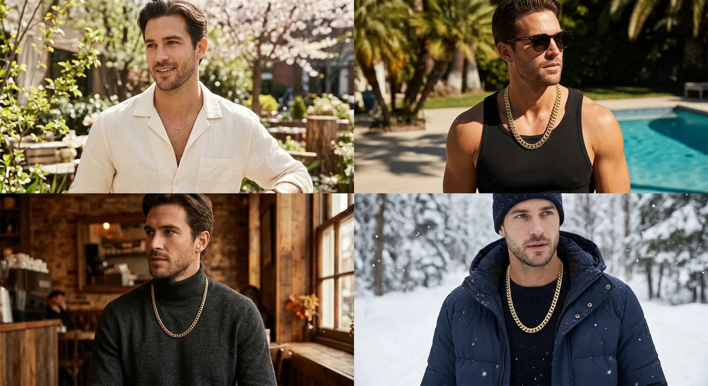 Four-season gold chain styling guide showing spring, summer, fall, and winter outfit pairings for year-round gold jewelry wear