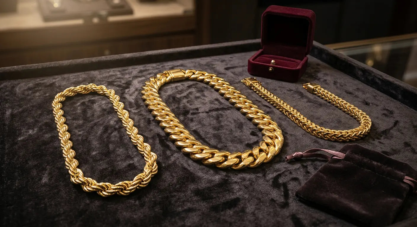 Three investment-worthy gold chains for 2026: Cuban link, rope, and Franco chains as premium heirloom-quality pieces
