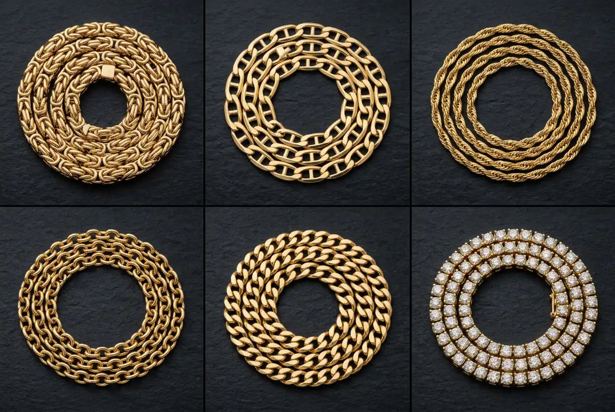 Six more gold chain types compared: Byzantine, mariner, Singapore, cable, curb, and tennis chains in 14K yellow gold