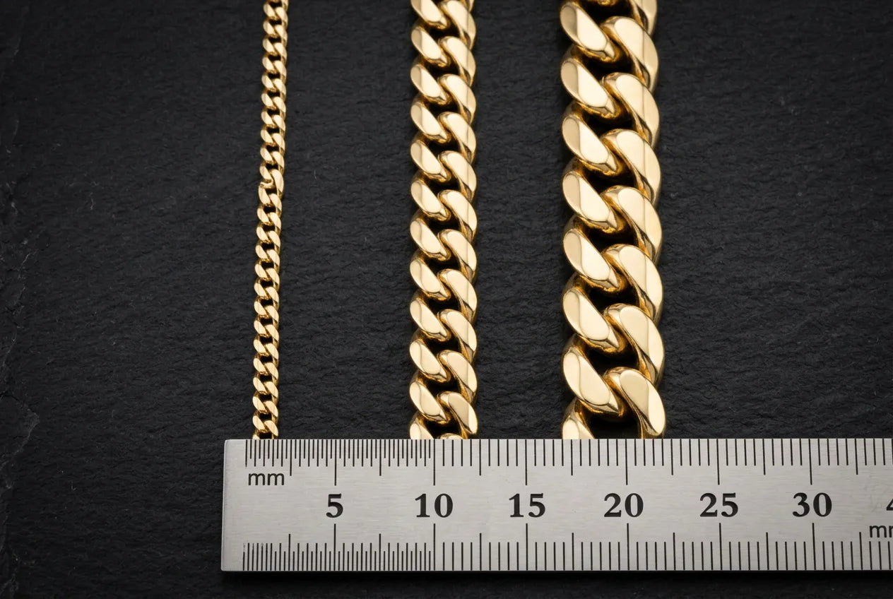 Gold Cuban link chain width comparison showing 3mm, 8mm, and 14mm widths side by side with measurement scale