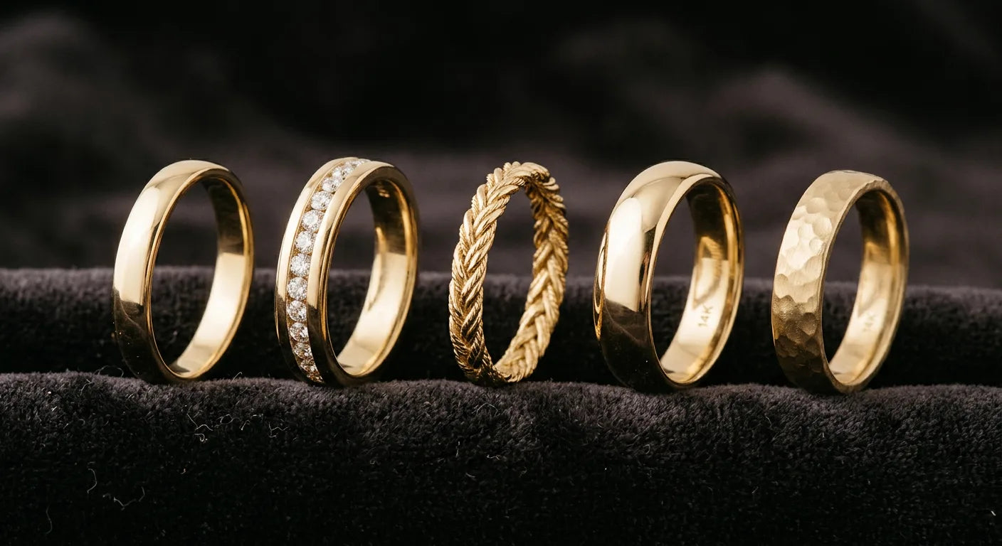 Five gold wedding band styles compared: classic plain, diamond channel-set, twisted, comfort-fit domed, and hammered matte finish in 14K gold