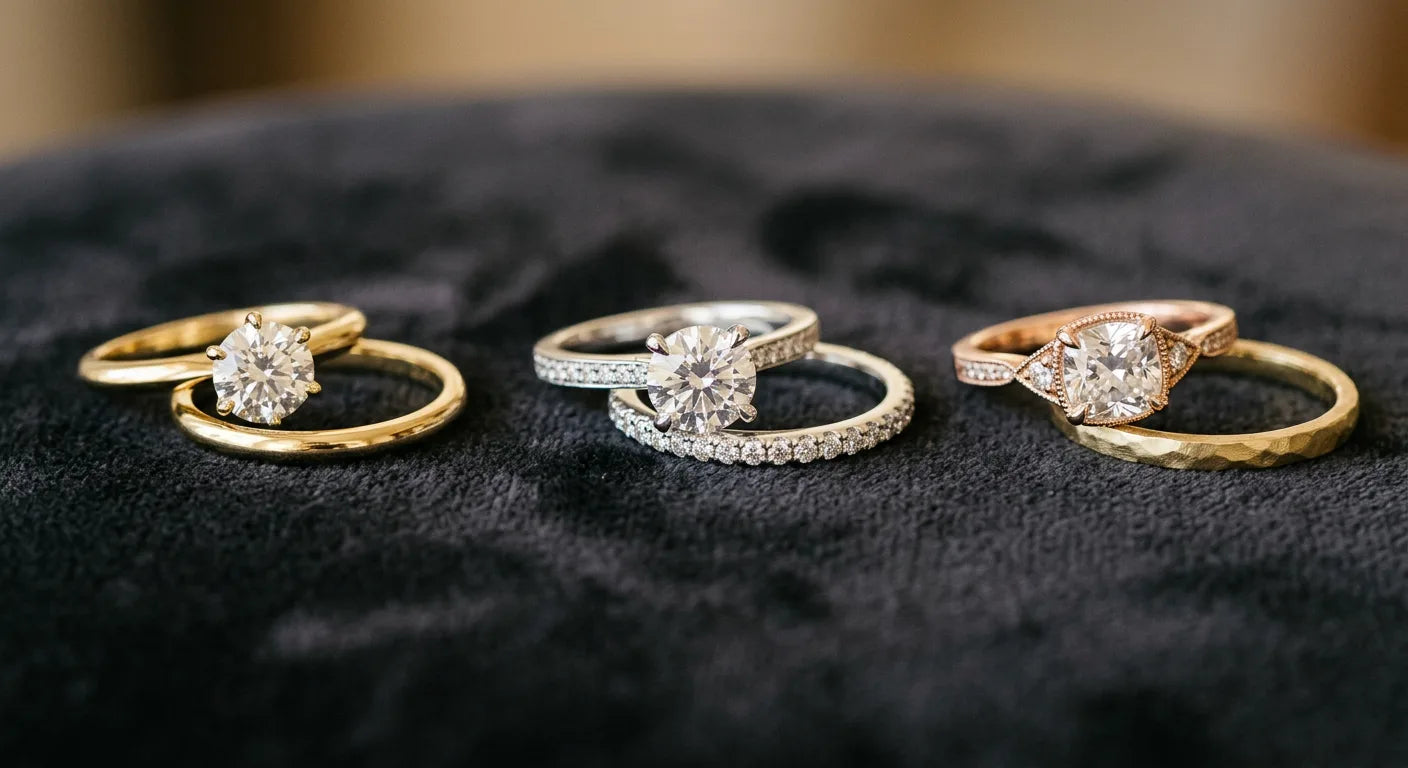 Three engagement ring and wedding band metal pairings showing yellow-yellow, white-white, and rose-yellow gold combinations