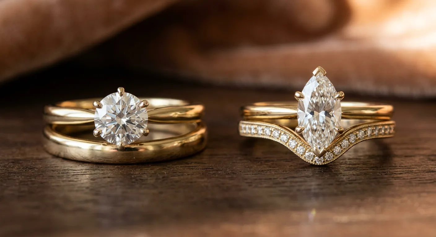 Wedding band matching by engagement ring shape showing straight band with solitaire and curved contoured band with oval ring