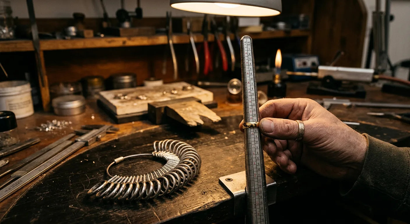 Professional ring sizing tools including mandrel, ring sizer set, and gold wedding band being measured for perfect fit