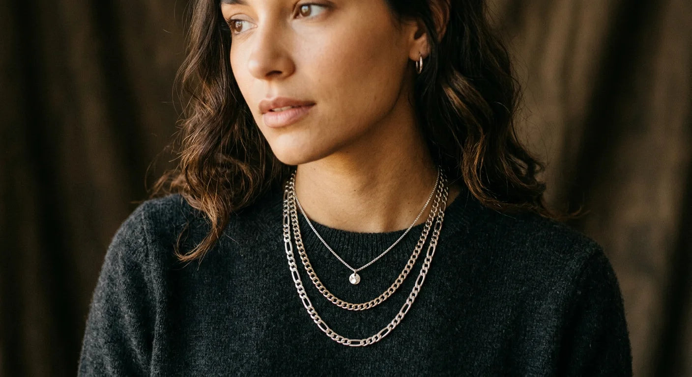 Layered white gold and sterling silver chains at different lengths showing fashionable mixed metal styling approach