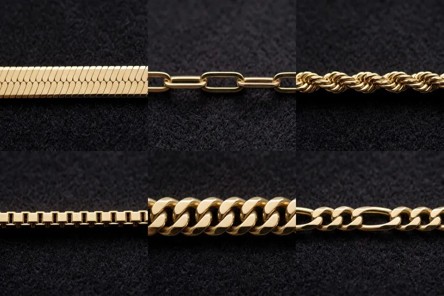 Close-up of six women's gold chain types — herringbone, paper clip, rope, box chain, Cuban link, and figaro — showing link detail on dark velvet