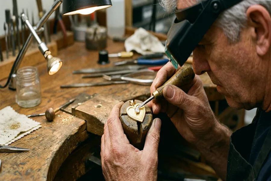 Master jeweler's hands carefully setting a diamond into a gold pendant necklace at the GOLDZENN workshop bench — handcrafted Miami jewelry