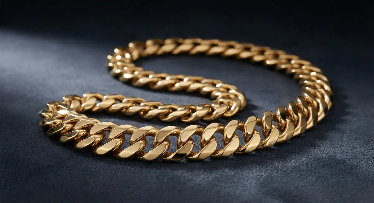 GOLDZENN 14K gold bonded Cuban link chain showing rich gold luster on sterling silver base