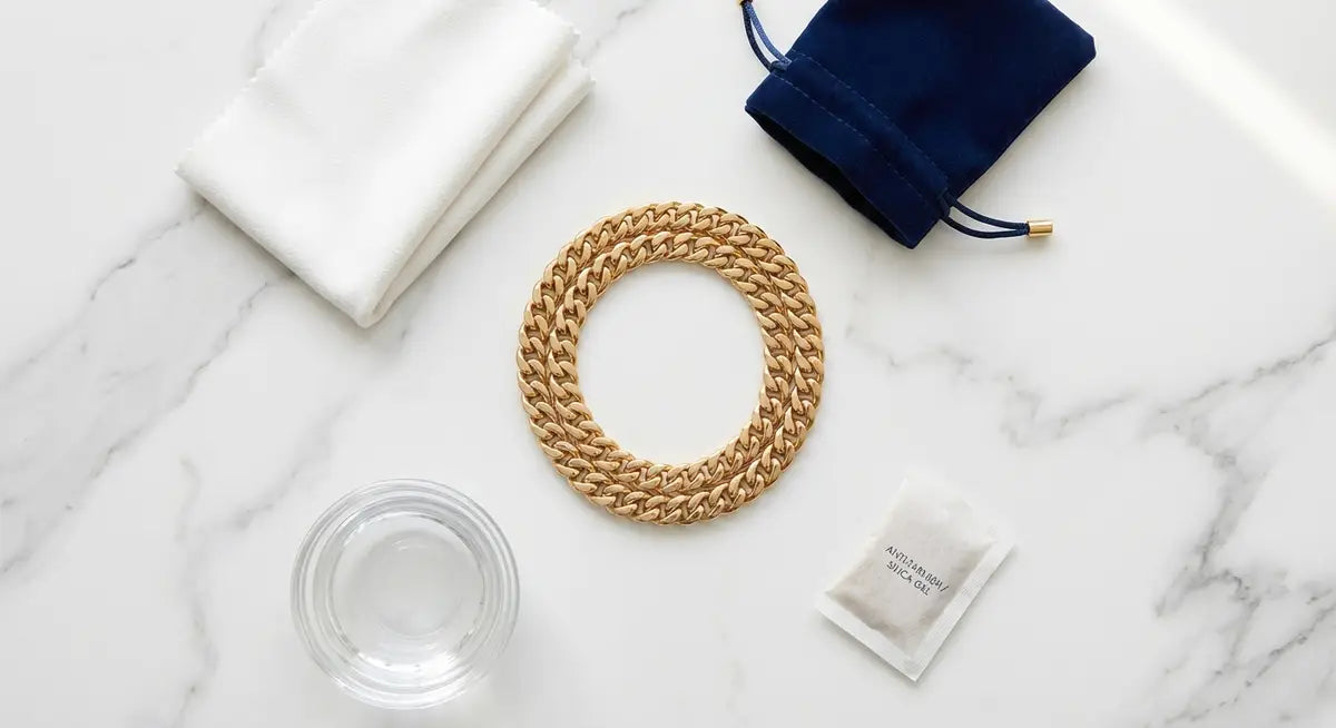Proper gold jewelry care items including soft cloth, jewelry pouch, and gold chain on marble surface