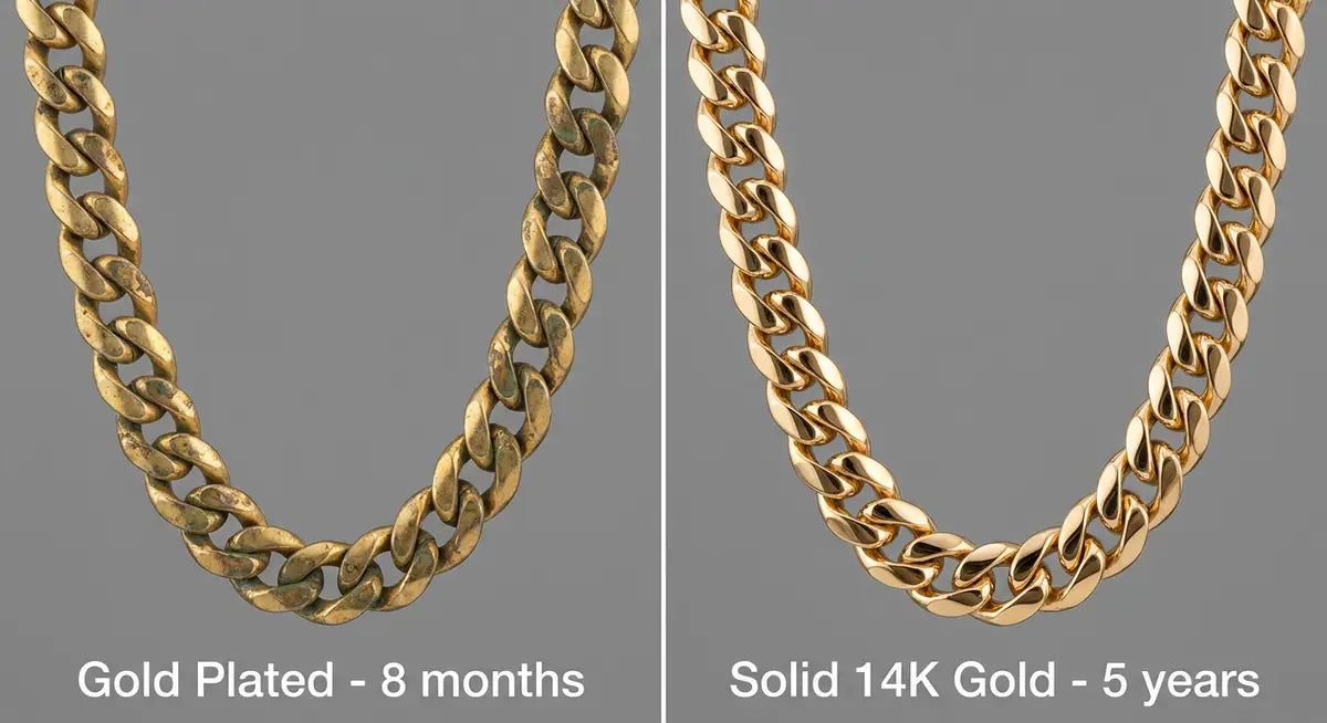 Side by side comparison of worn gold plated chain versus well-maintained solid gold chain showing durability difference