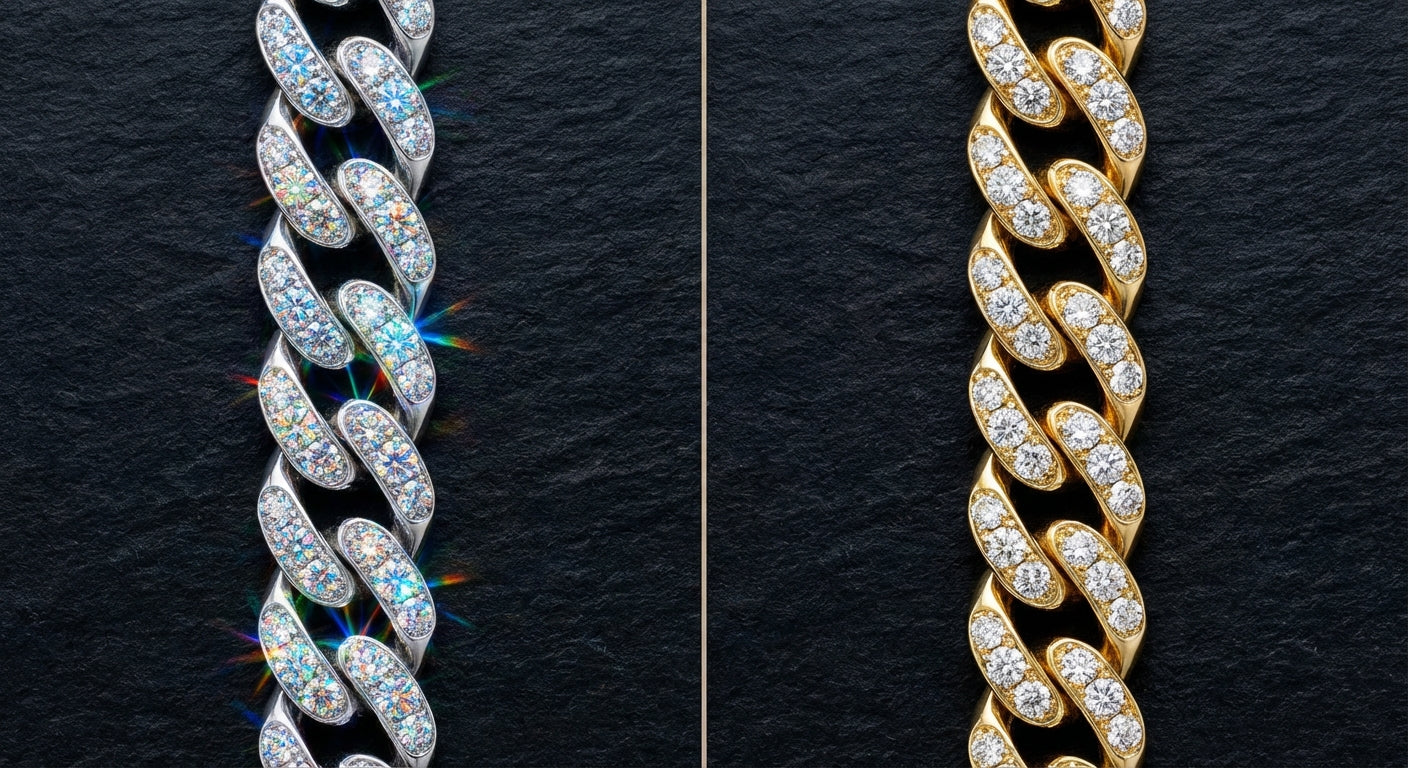 Side-by-side comparison of moissanite and diamond Cuban link chains showing different sparkle patterns