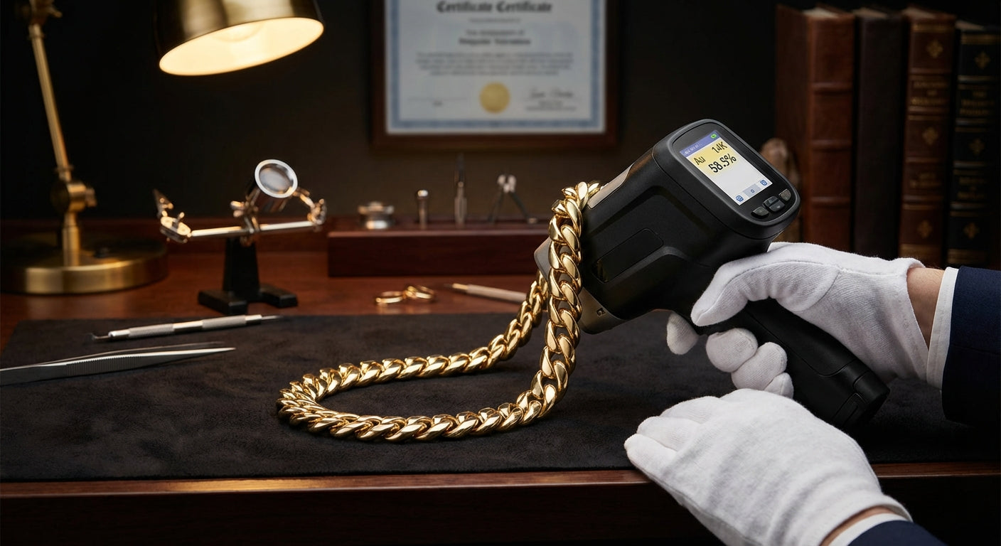 Gloved hands holding a handheld XRF spectrometer against a gold Cuban link chain on a jeweler's bench, the screen reading Au 14K 58.3 percent