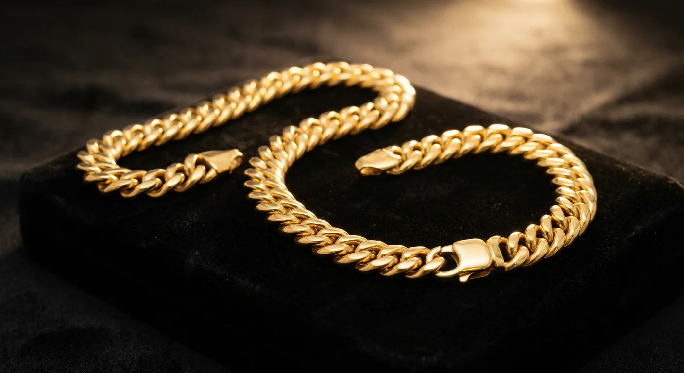 Finished handcrafted 24K gold Cuban link chain displayed on dark velvet showing deep pure gold color and mirror polish
