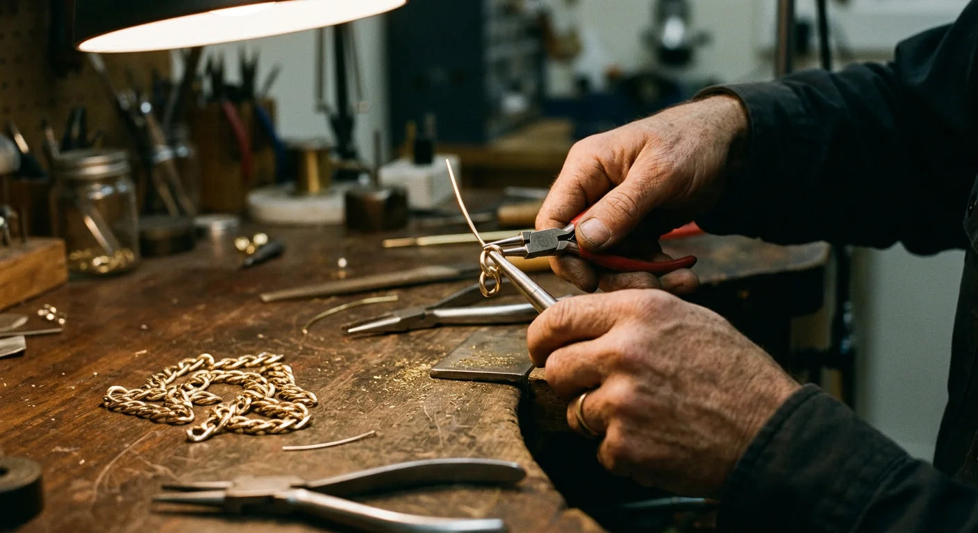 Jewelers hands crafting individual 24K gold Cuban link chain links using pliers on workshop bench