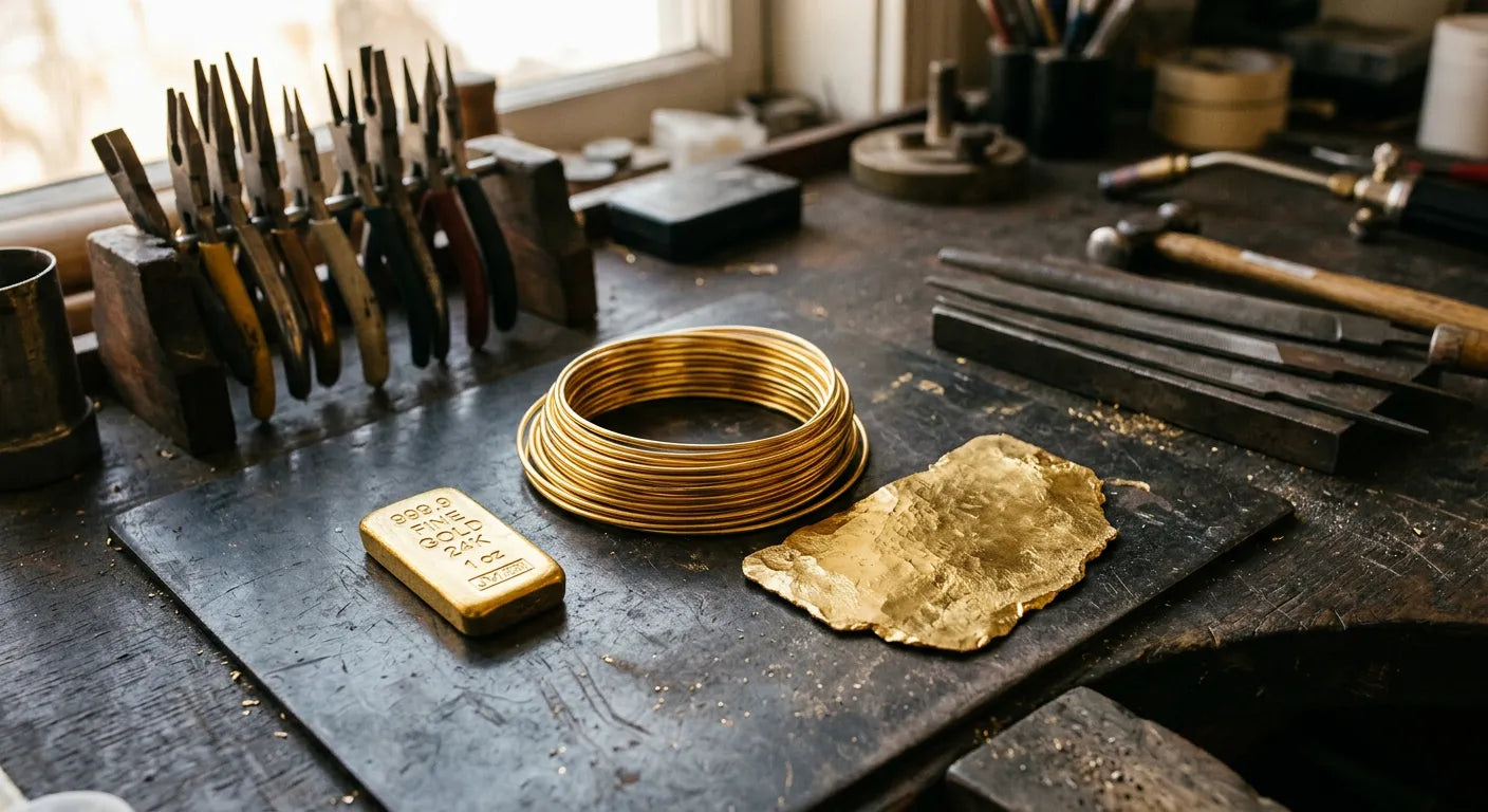 Raw 24K gold materials including gold bar, wire coils, and sheet on jewelers workbench ready for Cuban link chain crafting
