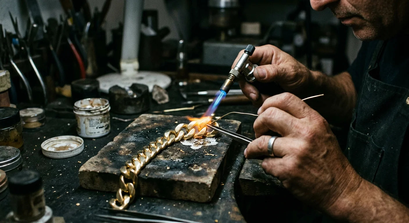 Jeweler soldering 24K gold Cuban link chain links together using precision torch in workshop