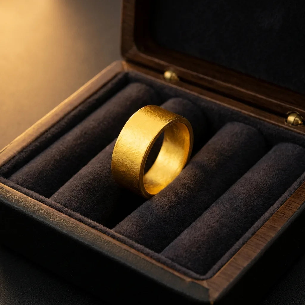 24K gold ring stored properly in an individual velvet-lined jewelry box slot