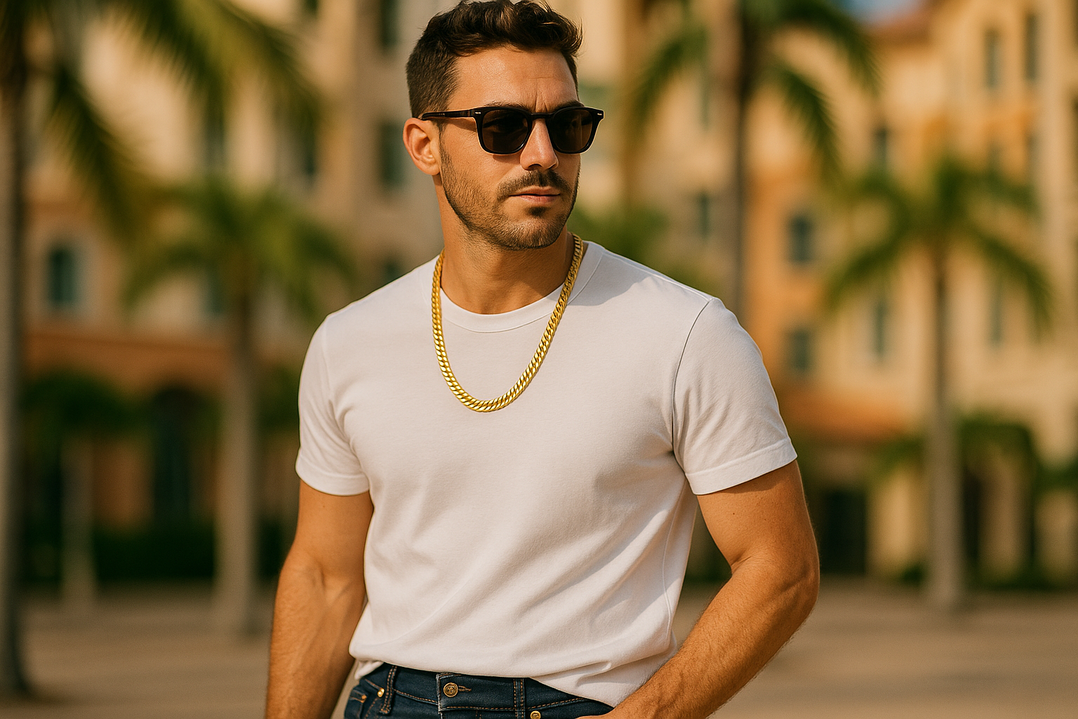 Casual style: man wearing a gold Cuban link chain with a white t-shirt and jeans