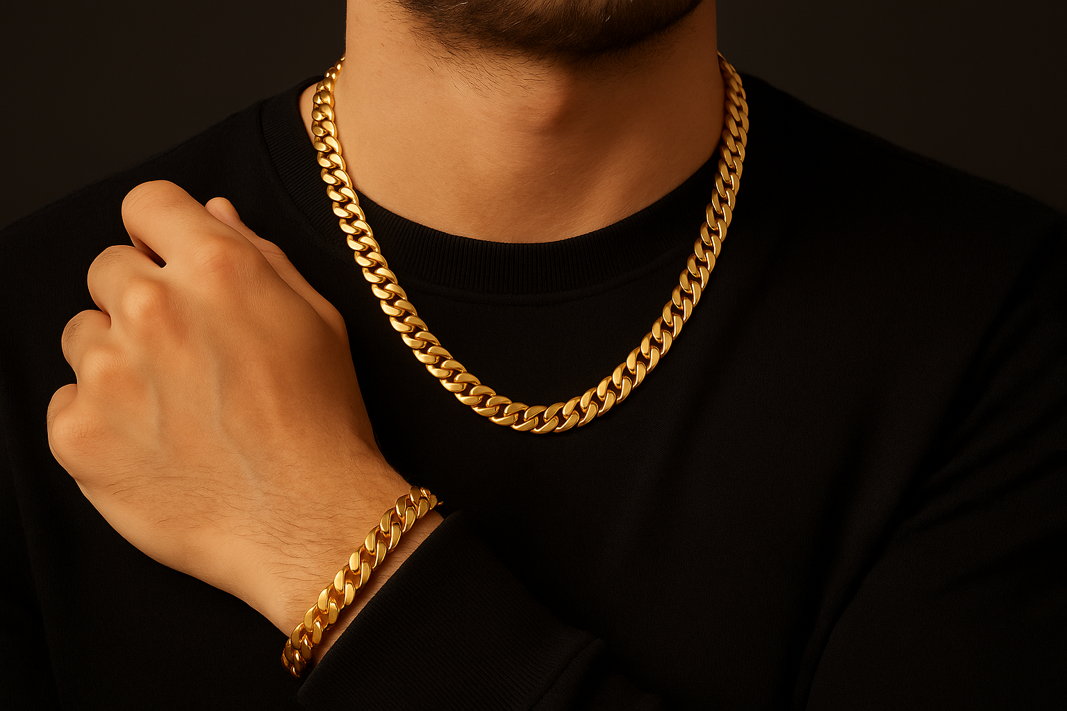 Matching gold Cuban link chain and bracelet set - coordinated men's jewelry styling