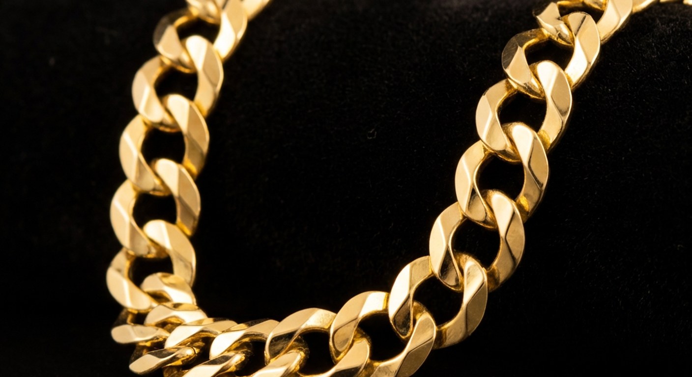 Close-up of a solid gold curb chain showing flat interlocking oval links with high-polish finish