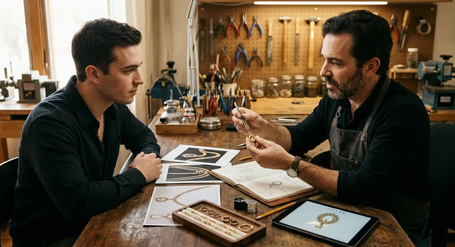 Client and jeweler examining reference photos and gold samples during a consultation at a workshop bench