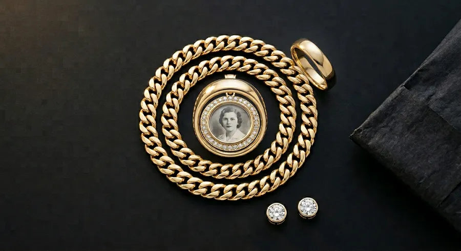 Elegant flat lay of GOLDZENN custom jewelry pieces on a branded display with gold accent lighting