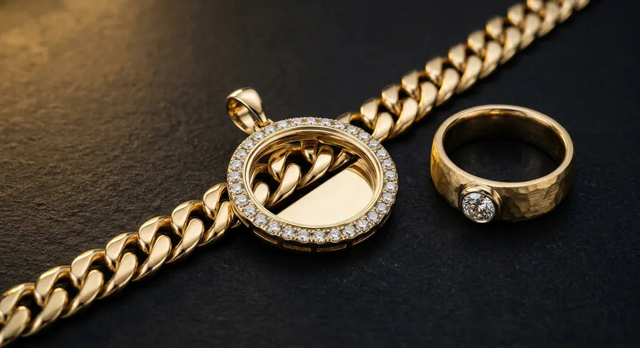 Custom gold jewelry pieces including a Cuban link chain and pendant displayed on dark luxury surface