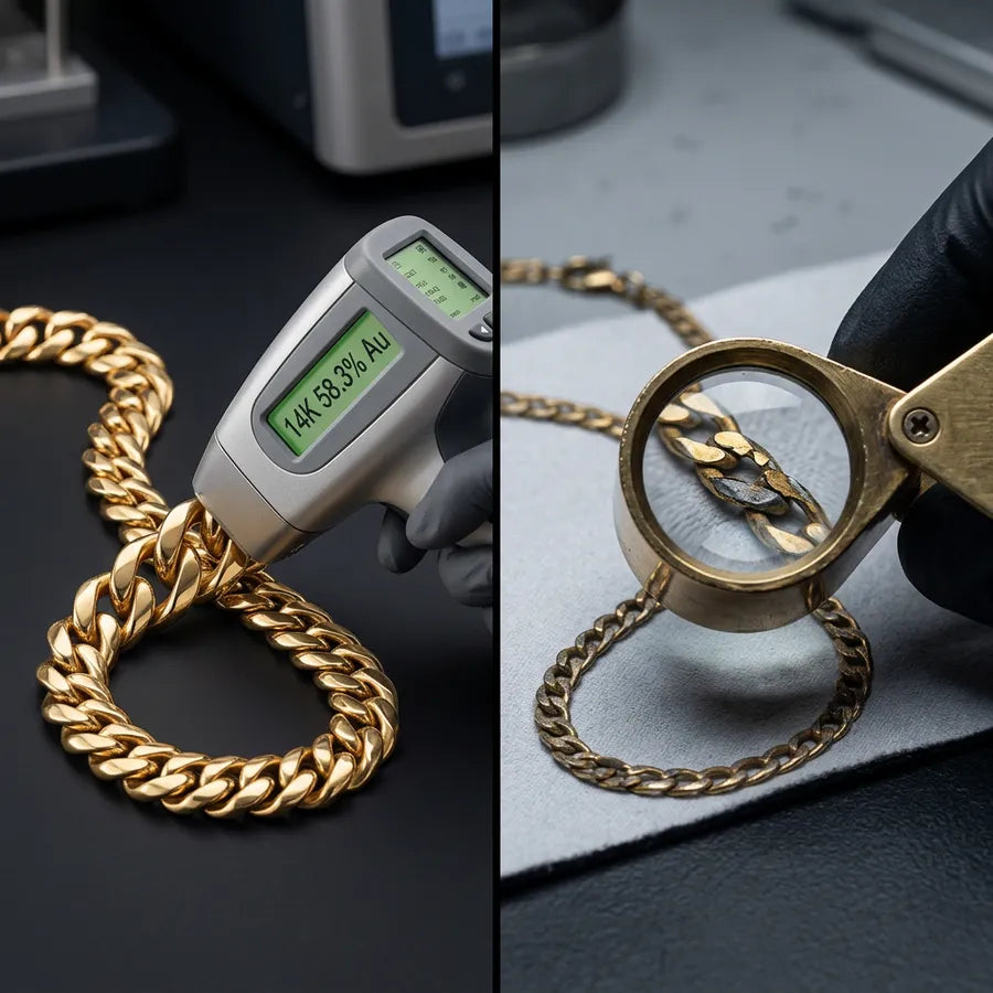 Split image showing a genuine XRF testing device on gold jewelry versus a magnifying glass revealing a fake gold hallmark