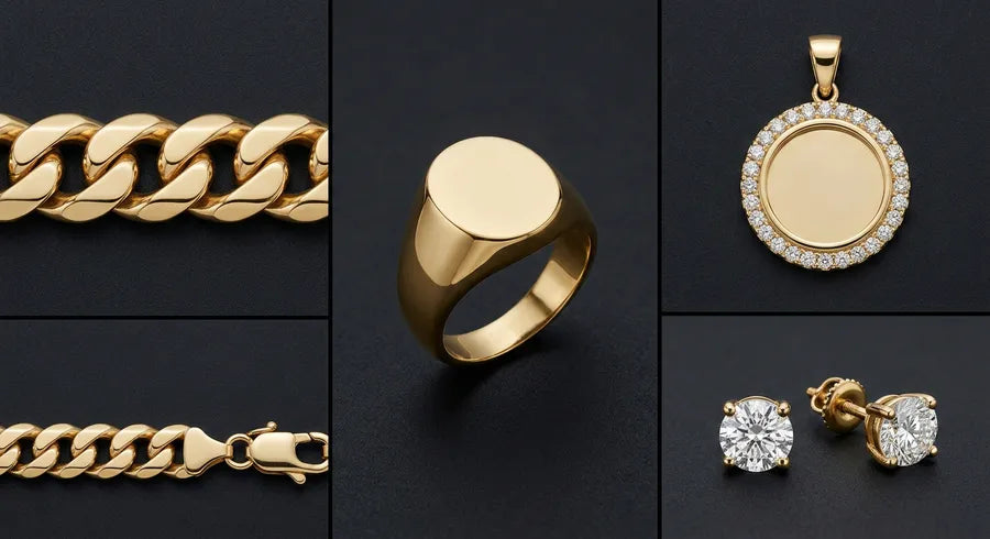 Collage showing five types of custom jewelry: Cuban link chain, diamond pendant, gold ring, bracelet, and earring studs