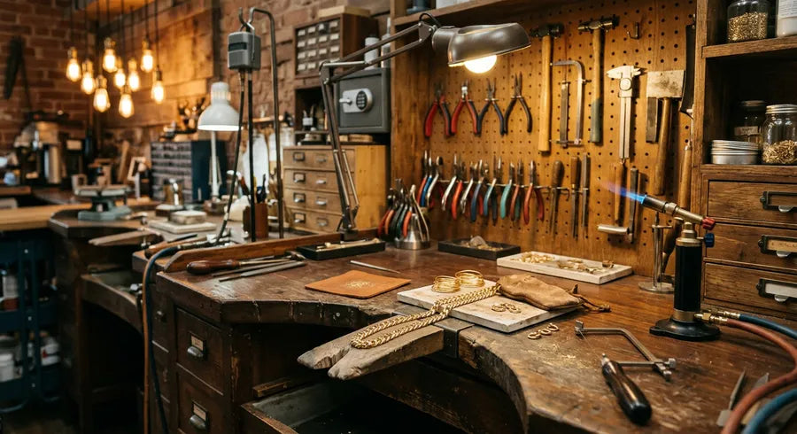 GOLDZENN Miami workshop interior showing jeweler's bench with tools, gold material, and a piece in progress