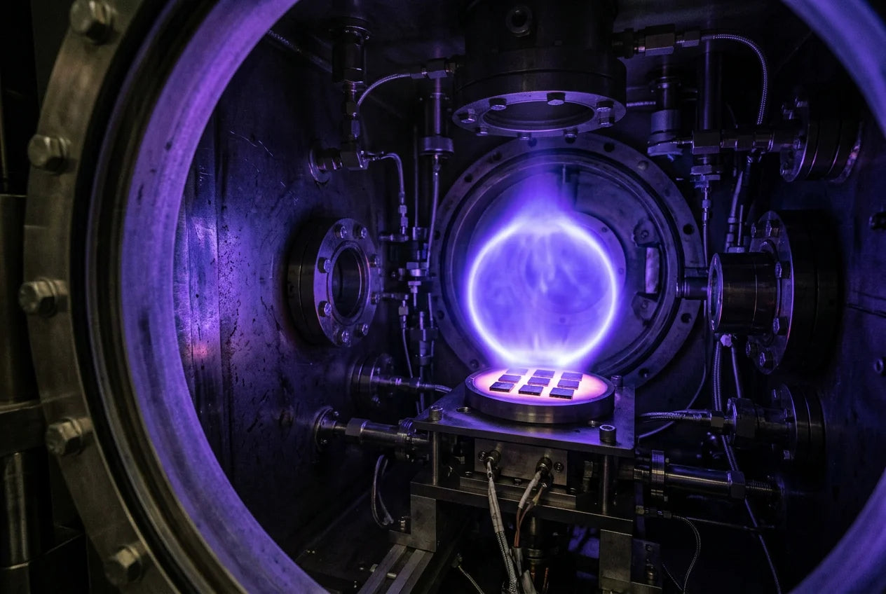 CVD diamond growth chamber interior showing violet-blue plasma deposition process on diamond seed substrate