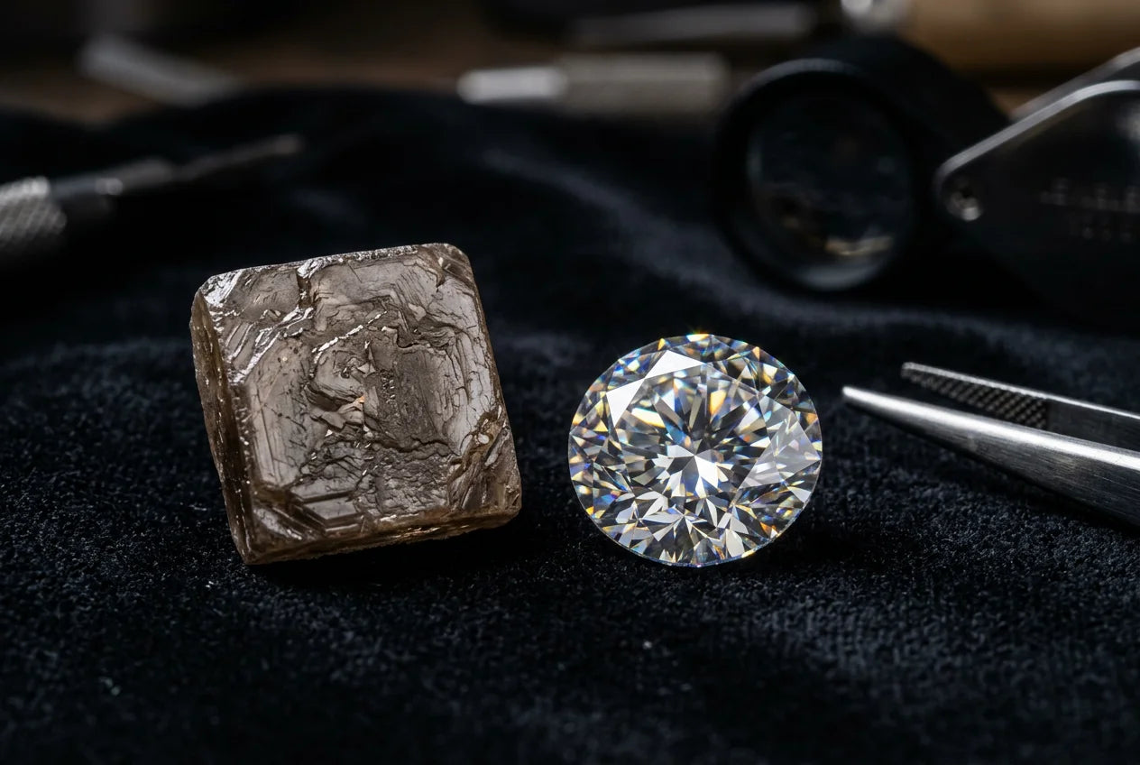 Raw uncut CVD diamond crystal next to a polished faceted CVD diamond showing transformation from rough to finished stone