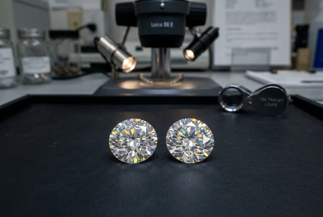 Natural diamond and CVD lab-grown diamond side by side under professional lighting appearing visually identical