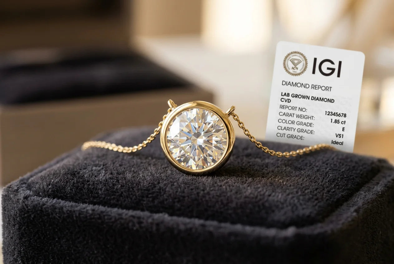 CVD lab-grown diamond set in 14K yellow gold pendant displayed on dark velvet with certification card in background