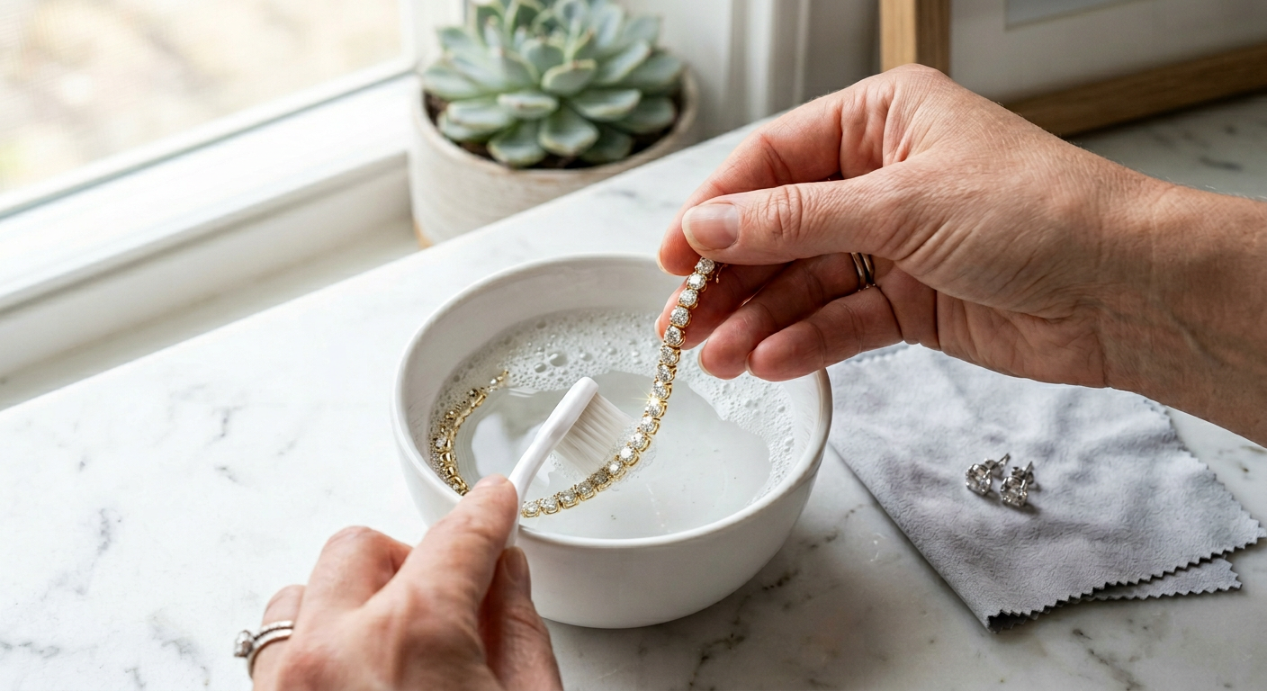 Close-up of diamond jewelry being gently cleaned with soft brush in warm soapy water showing proper cleaning technique with gold tennis bracelet