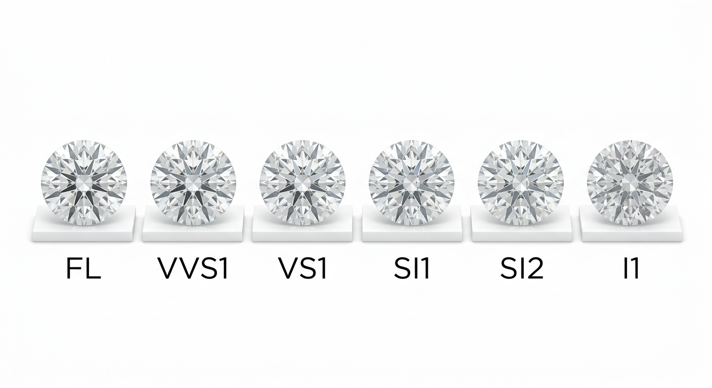 Diamond clarity comparison chart showing FL through I3 grades with magnified inclusions visible at each grade level