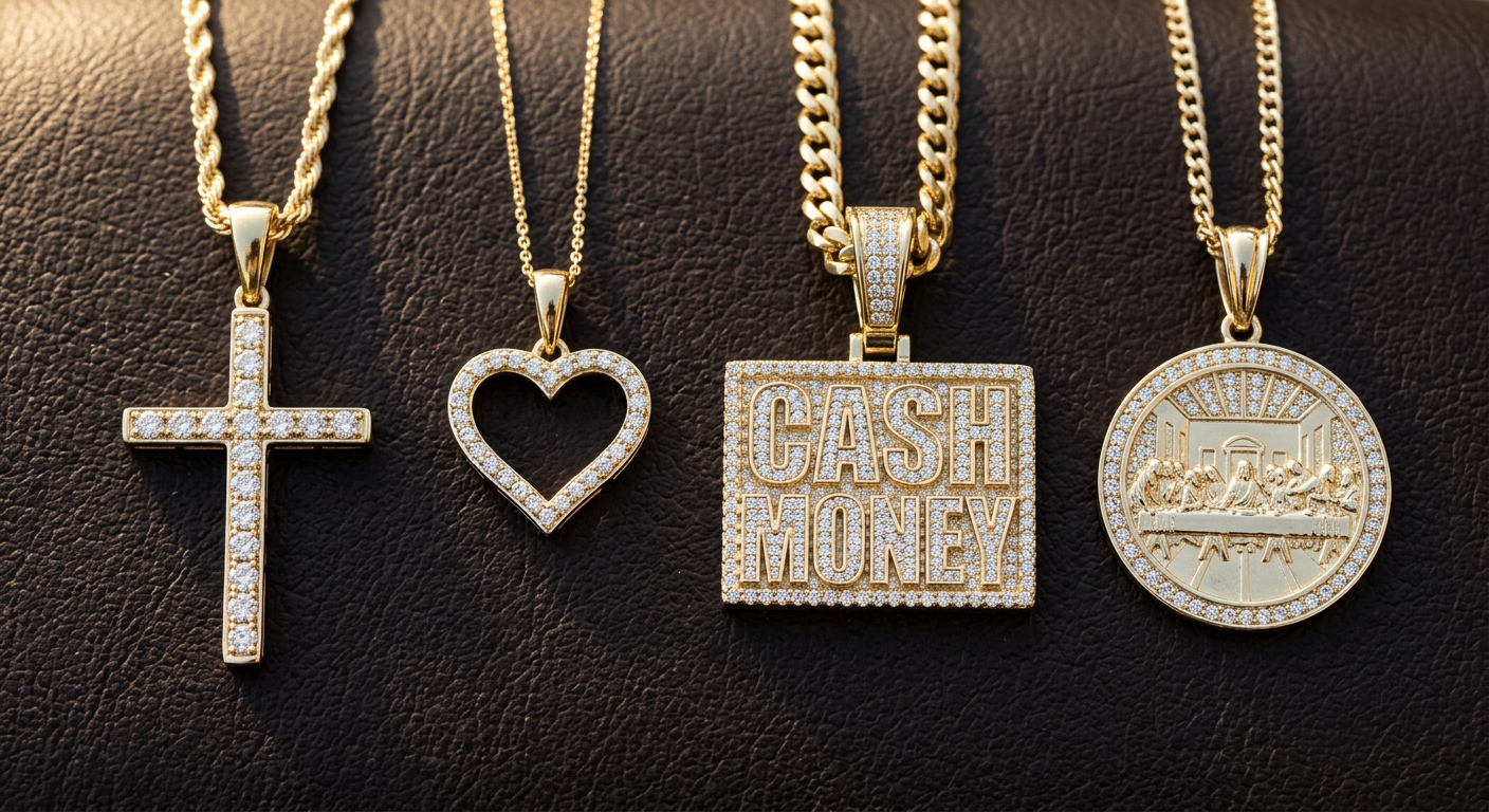 Assortment of diamond pendants on 14K gold including cross, heart, character charm, and religious motif pendant displayed on dark leather surface