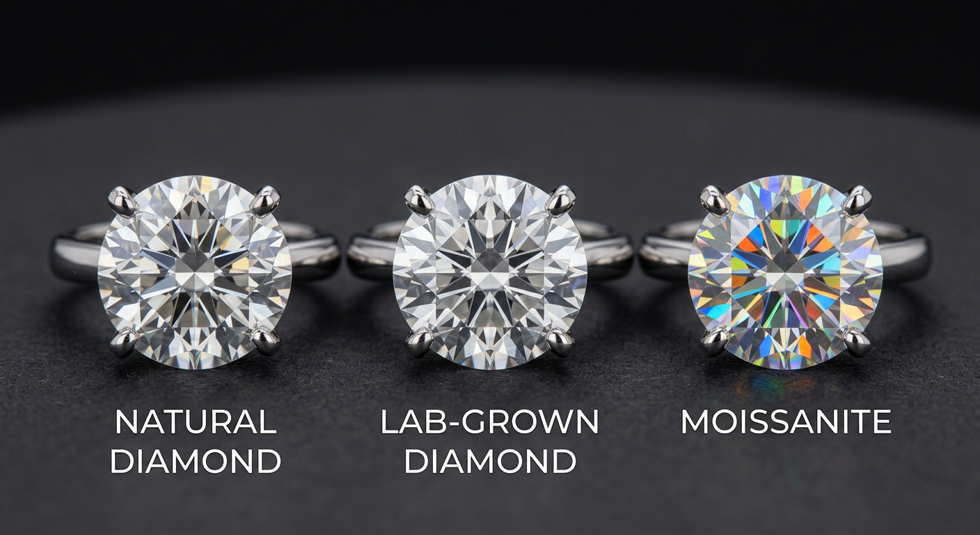 Side-by-side comparison of natural diamond, lab-grown diamond, and moissanite stones in identical prong settings showing light performance differences