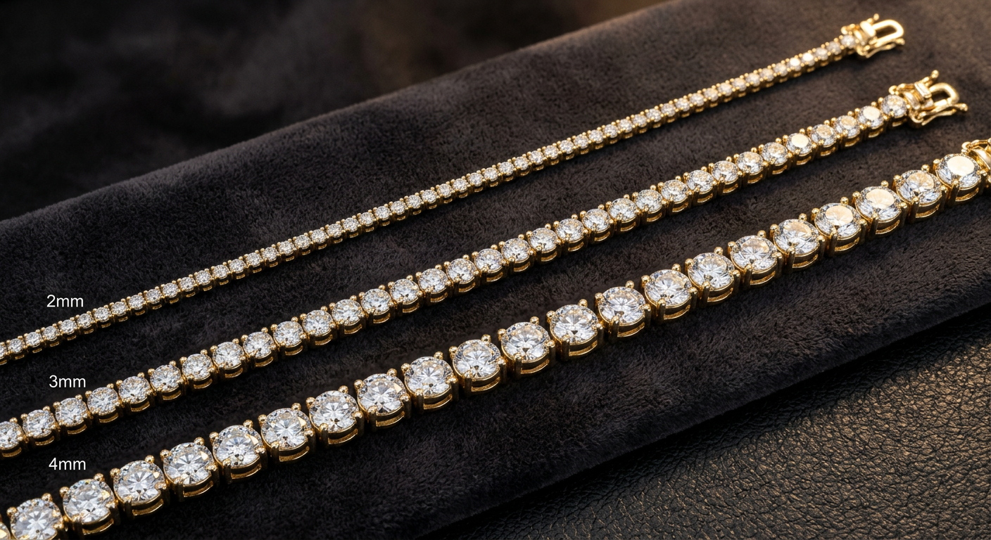 Multiple diamond tennis chains in different widths from 2mm to 4mm laid flat on dark surface showing graduated size comparison in 14K yellow gold