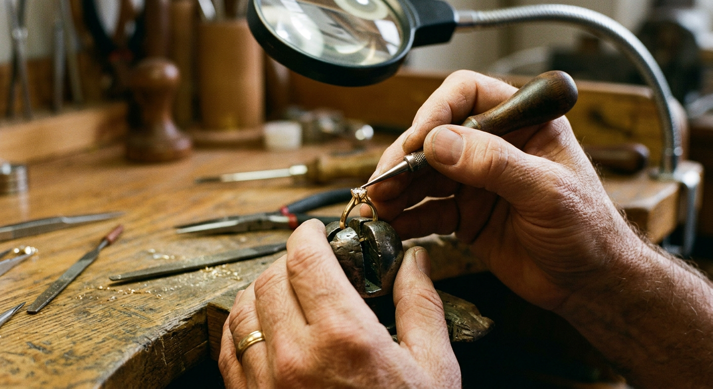 Master jeweler hands setting a diamond into a gold ring under magnification lamp in GOLDZENN Miami workshop showing precision tools and gold filing