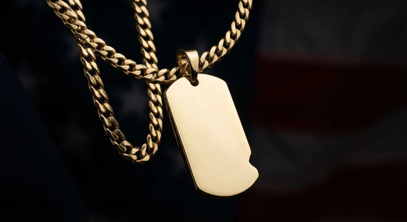 Solid gold custom military dog tag pendant engraved with personal text, hanging on a thick gold chain against a dark background — GOLDZENN 10K and 14K solid gold