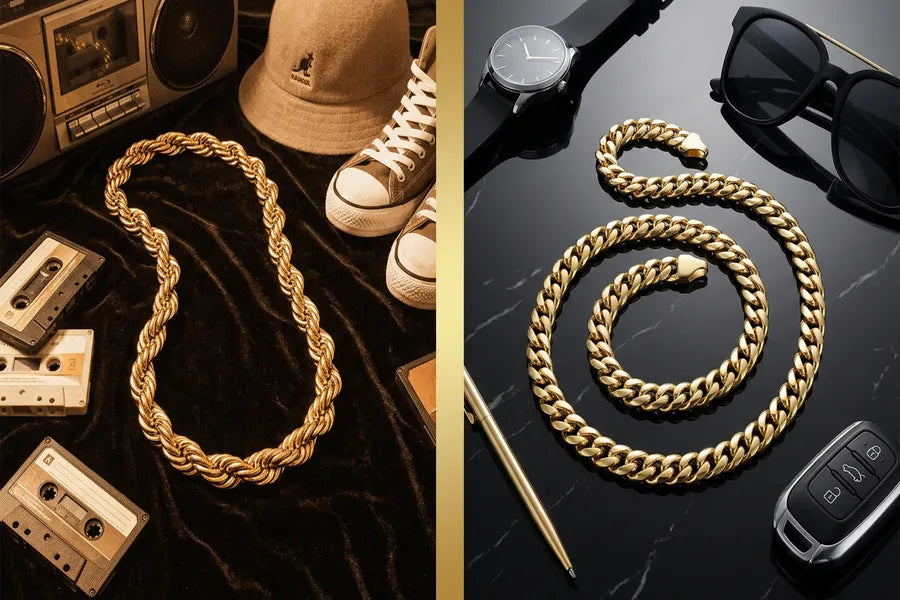 Cultural evolution of long gold chains from 1980s hip-hop era dookie rope style to modern refined Cuban link aesthetic