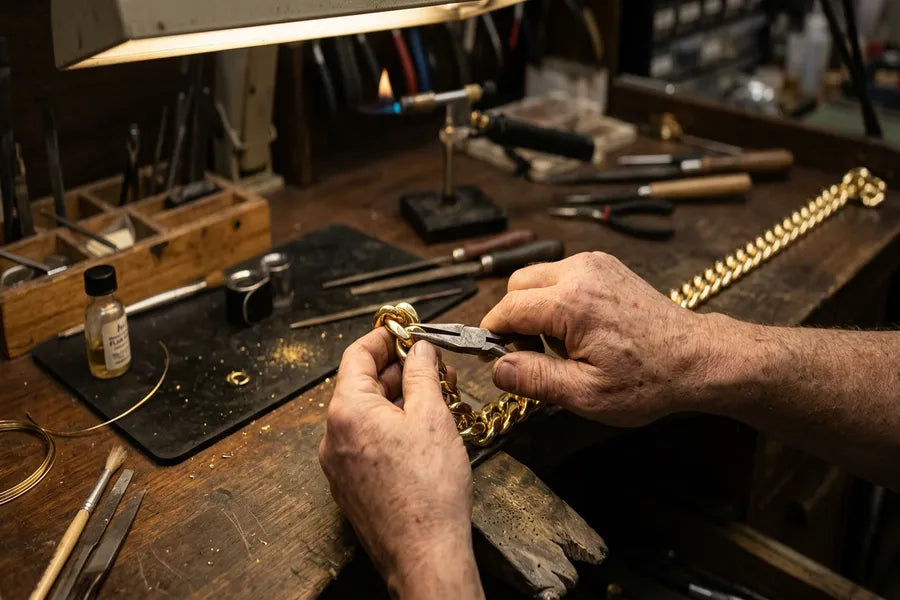GOLDZENN jeweler hands assembling links of a long gold Cuban link chain at a workshop bench with tools visible