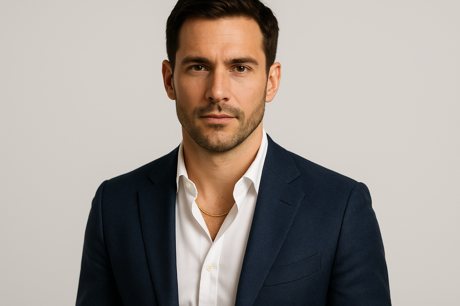 Business casual: subtle gold chain worn under a blazer and dress shirt collar