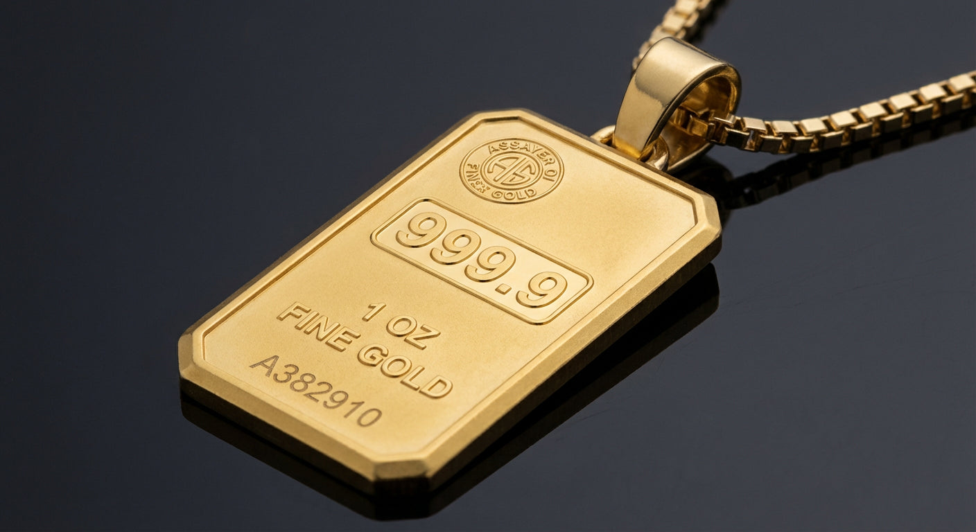 24-karat fine gold bar pendant with 999.9 purity hallmarks and assayer stamps in macro detail