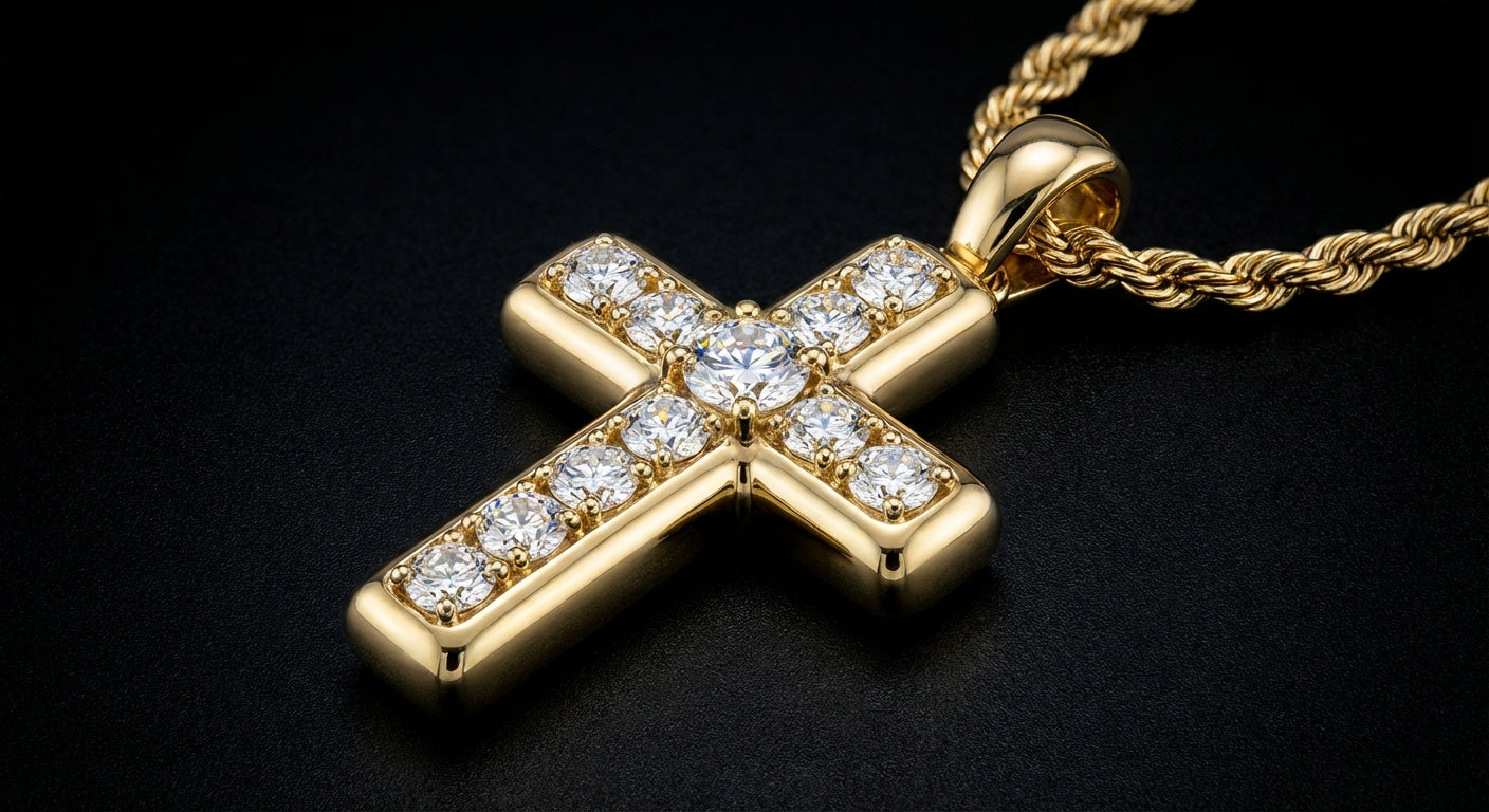14K solid gold diamond cross pendant with round brilliant diamonds and rope chain