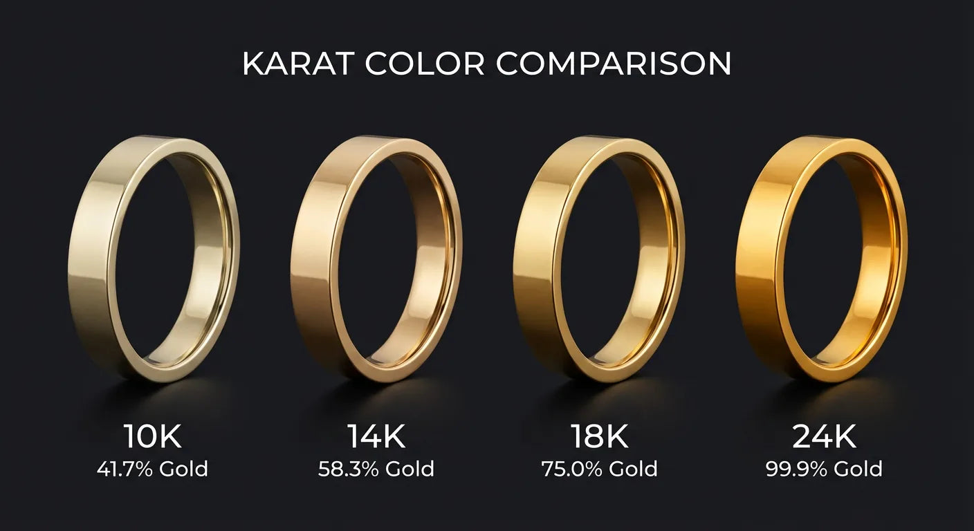 Gold ring karat color comparison showing 10K, 14K, 18K, and 24K gold side by side