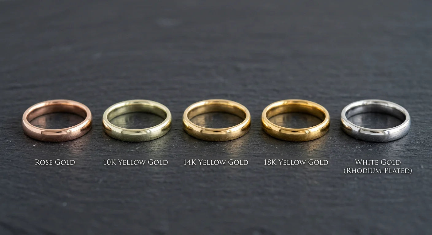 Gold alloy color spectrum from rose gold through 10K 14K 18K yellow gold to white gold showing different alloy compositions