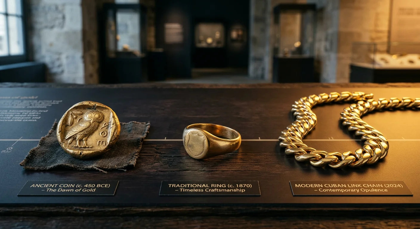 Gold jewelry through history from ancient coin to traditional ring to modern Cuban link chain showing 6000 years of gold craftsmanship